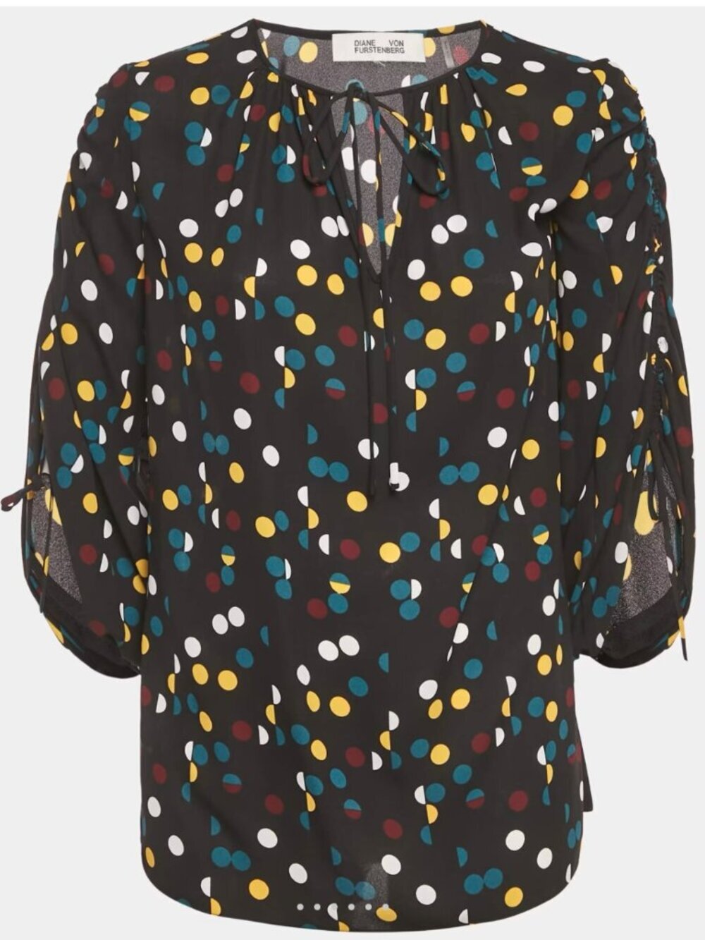 Diane Von Furstenberg Black Polka Dot Print Crepe Blouson Sleeve Top - Size S